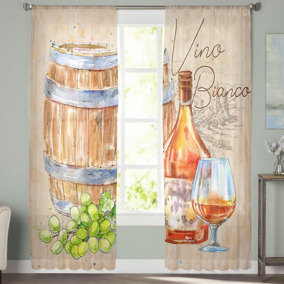 Sheer Curtains 63 inches Long, Retro Summer Grape Wine Barrel Watercolor Light Filtering Sheer Window Curtains Rod Pocket Voile Drapes for Bedroom Living Room, 52"W x 63"L 2 Panels
