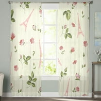 Sheer Curtains 63 inches Long, Spring Pink Flower Leaves Bloom Eiffel Tower Light Filtering Sheer Window Curtains Rod Pocket Voile Drapes for Bedroom Living Room, 52"W x 63"L 2 Panels