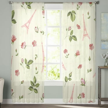 Sheer Curtains 63 inches Long, Spring Pink Flower Leaves Bloom Eiffel Tower Light Filtering Sheer Window Curtains Rod Pocket Voile Drapes for Bedroom Living Room, 52"W x 63"L 2 Panels