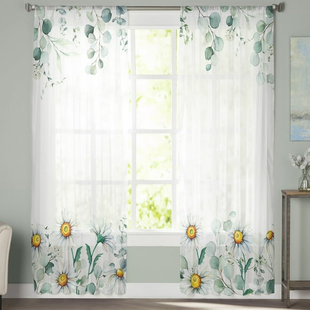 Sheer Curtains 63 inches Long, Spring Summer Plants Eucalyotus White Daisy Flower Light Filtering Sheer Window Curtains Rod Pocket Voile Drapes for Bedroom Living Room, 52"W x 63"L 2 Panels