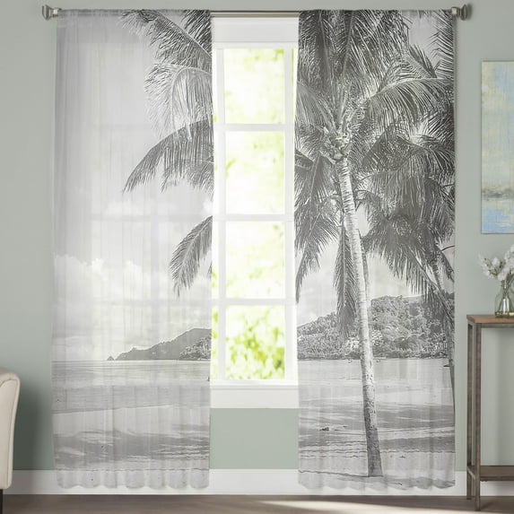 Sheer Curtains 63 inches Long, Summer Tropical Plant Green Palm Tree Beach Theme Black White Light Filtering Sheer Window Curtains Rod Pocket Voile Drapes for Living Room, 52"W x 63"L 2 Panels