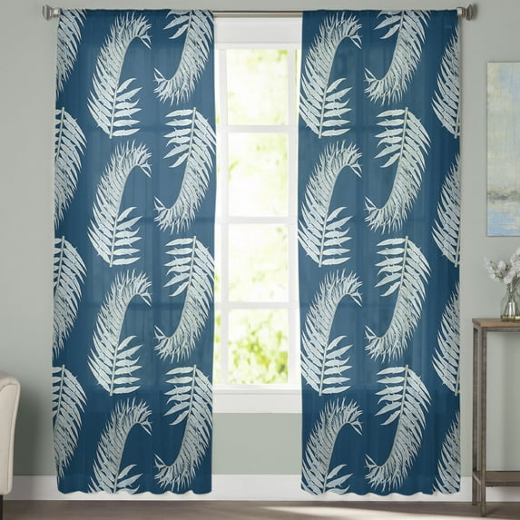 Sheer Curtains 63 inches Long, Summer Tropical Plant Palm Tree Leaves Coconut Tree Indigo Light Filtering Sheer Window Curtains Rod Pocket Voile Drapes for Bedroom Living Room, 52"W x 63"L 2 Panels