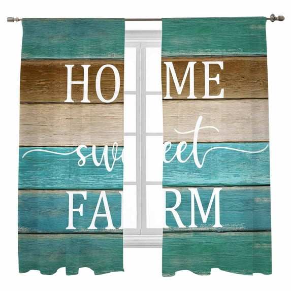 Sheer Curtains 63 inches Long, Vintage Teal Brown Wood Grain Country Home Sweet Farm Light Filtering Sheer Window Curtains Rod Pocket Voile Drapes for Bedroom Living Room, 52"W x 63"L 2 Panels