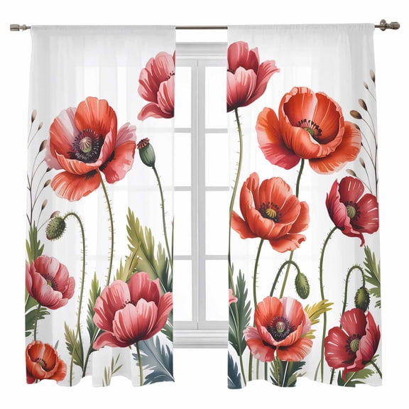 Sheer Curtains 63 inches Long, Watercolor Plant Red Poppy Floral Decoration Light Filtering Sheer Window Curtains Rod Pocket Voile Drapes for Bedroom Living Room, 52"W x 63"L 2 Panels