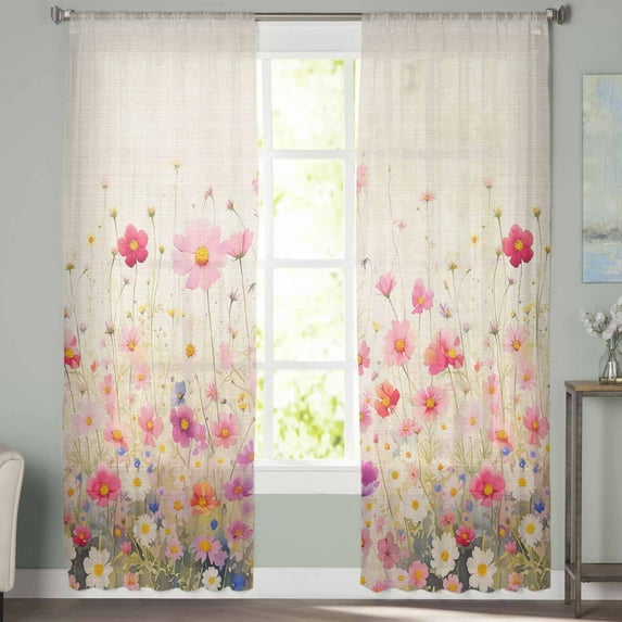 Sheer Curtains 63 inches Long, Watercolor Red Pink Floral Linen Texture Light Filtering Sheer Window Curtains Rod Pocket Voile Drapes for Bedroom Living Room, 52"W x 63"L 2 Panels