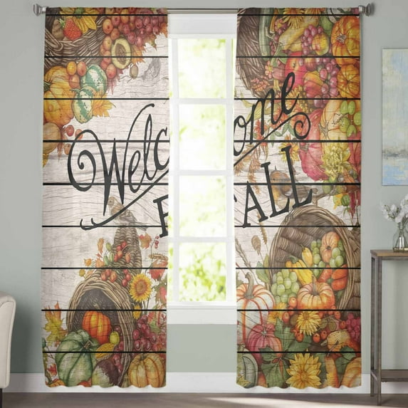 Sheer Curtains 63 inches Long, Welcome Fall Robin Colorful Fruits Wood Grain Light Filtering Sheer Window Curtains Rod Pocket Voile Drapes for Bedroom Living Room, 52"W x 63"L 2 Panels