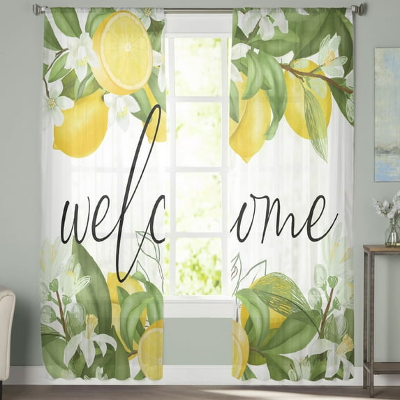 Sheer Curtains 63 inches Long, Welcome Summer Lemon Light Filtering Sheer Window Curtains Rod Pocket Voile Drapes for Bedroom Living Room, 52"W x 63"L 2 Panels