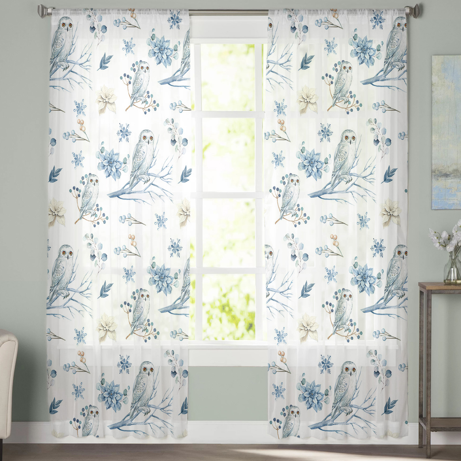 Sheer Curtains 63 inches Long, Winter Snowflake Animal Owls Eucalyptus Leaves Light Filtering Sheer Window Curtains Rod Pocket Voile Drapes for Bedroom Living Room, 52"W x 63"L 2 Panels