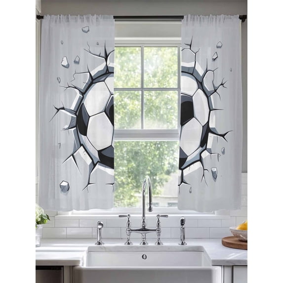 Sheer Curtains 72 Inches Long 2 Panels, Abstract Football Rod Pocket Curtain Voile Draperies, Geometric Black White Hexagon Light Filtering Window Treatment for Living Room Kitchen Bedroom