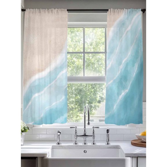 Sheer Curtains 72 Inches Long 2 Panels, Blue Gradient Ocean Sea Wave Rod Pocket Curtain Voile Draperies, Summer Beach Theme Light Filtering Window Treatment for Living Room Kitchen Bedroom