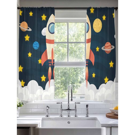 Sheer Curtains 72 Inches Long 2 Panels, Cartoon Rocket Colorful Planet Rod Pocket Curtain Voile Draperies, Cute Yellow Star Light Filtering Window Treatment for Living Room Kitchen Bedroom