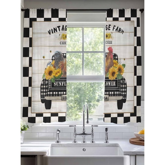Sheer Curtains 72 Inches Long 2 Panels, Chicken Old-fashioned Trucks on Vintage Rod Pocket Curtain Voile Draperies, Farm Buffalo Plaid Light Filtering Window Treatment for Living Room Kitchen