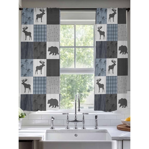 Sheer Curtains 72 Inches Long 2 Panels, Deer Bear Retro Grey Plaid Rod Pocket Curtain Voile Draperies, Forest Animal Shadow Light Filtering Window Treatment for Living Room Kitchen Bedroom
