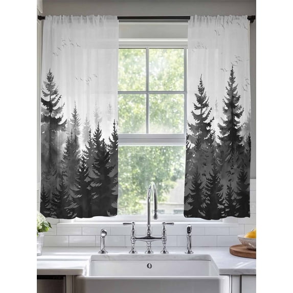 Sheer Curtains 72 Inches Long 2 Panels, Farmhouse Vintage Dark Gray Forest Bird Rod Pocket Curtain Voile Draperies, Watercolor Art Light Filtering Window Treatment for Living Room Kitchen Bedroom