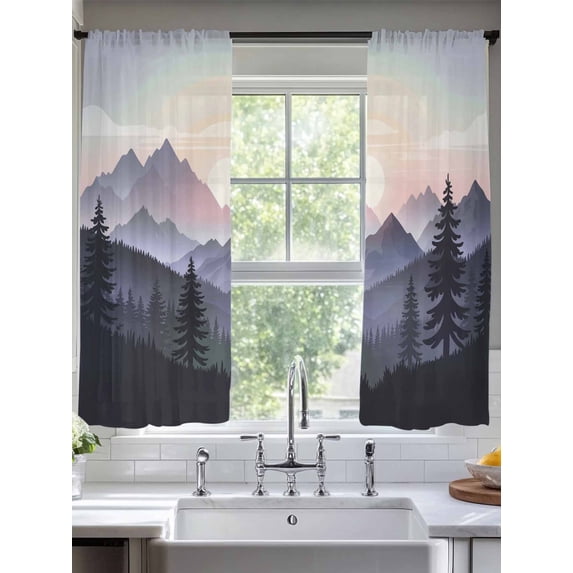 Sheer Curtains 72 Inches Long 2 Panels, Forest Mountain Sunrise Watercolor Rod Pocket Curtain Voile Draperies, Abstract Landscape Ombre Light Filtering Window Treatment for Living Room
