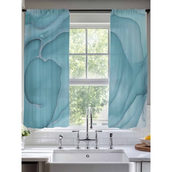 Sheer Curtains 72 Inches Long 2 Panels, Mint Green Marble Fluid Art Rod Pocket Curtain Voile Draperies, Modern Abstract Turquoise Light Filtering Window Treatment for Living Room Kitchen Bedroom