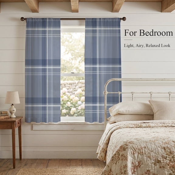 Sheer Curtains 72 Inches Long 2 Panels, Navy Blue Plaid Minimalist Rod Pocket Curtain Voile Draperies, Nautical Tartan Checkered Light Filtering Window Treatment for Living Room Kitchen Bedroom