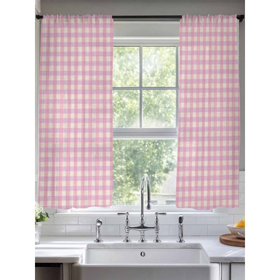 Sheer Curtains 72 Inches Long 2 Panels, Pink Gingham on Linen Rod Pocket Curtain Voile Draperies, Modern Plaid Lattice Light Filtering Window Treatment for Living Room Kitchen Bedroom