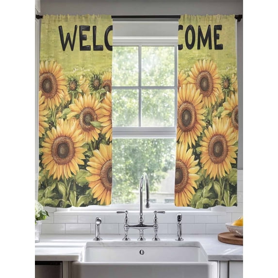 Sheer Curtains 72 Inches Long 2 Panels, Retro Farmhouse Pastoral Sunflowers Rod Pocket Curtain Voile Draperies, Welcome Text on Green Light Filtering Window Treatment for Living Room Kitchen Bedroom