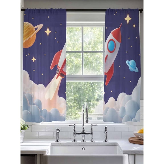 Sheer Curtains 72 Inches Long 2 Panels, Rocket Space Universe Planet Rod Pocket Curtain Voile Draperies, Night Star Cartoon Style Light Filtering Window Treatment for Living Room Kitchen Bedroom