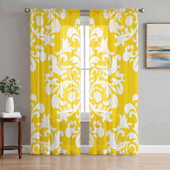 Sheer Curtains 72 Inches Long 2 Panels Set for Bedroom, Baroque Yellow Semi Sheer Curtains for Windows, Vintage Damask Classic Floral Voile Window Treatments Rod Pocket Curtain
