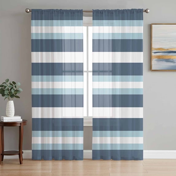 Sheer Curtains 72 Inches Long 2 Panels Set for Bedroom, Blue Striped Semi Sheer Curtains for Windows, Modern Gradient Abstract Lines Aesthetic Voile Window Treatments Rod Pocket Curtain