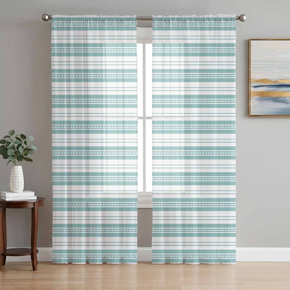 Sheer Curtains 72 Inches Long 2 Panels Set for Bedroom, Boho Turquoise Stripe Semi Sheer Curtains for Windows, Abstract Geometric White Minimalist Voile Window Treatments Rod Pocket Curtain