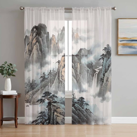 Sheer Curtains 72 Inches Long 2 Panels Set for Bedroom, Chinese Ink Painting Semi Sheer Curtains for Windows, Mountain Cloud Modern Art Voile Window Treatments Rod Pocket Curtain