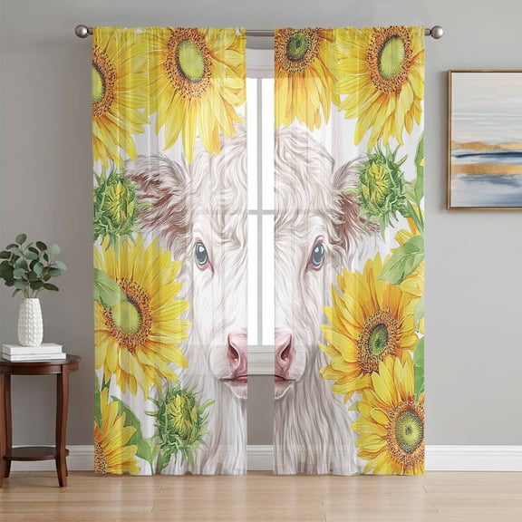 Sheer Curtains 72 Inches Long 2 Panels Set for Bedroom, Farmhouse Sunflowers Semi Sheer Curtains for Windows, Spring Country Watercolor Cow Floral Voile Window Treatments Rod Pocket Curtain