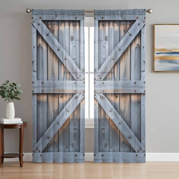 Sheer Curtains 72 Inches Long 2 Panels Set for Bedroom, Farmhouse Wood Grain Semi Sheer Curtains for Windows, Vintage Country Barn Gate Textured Voile Window Treatments Rod Pocket Curtain
