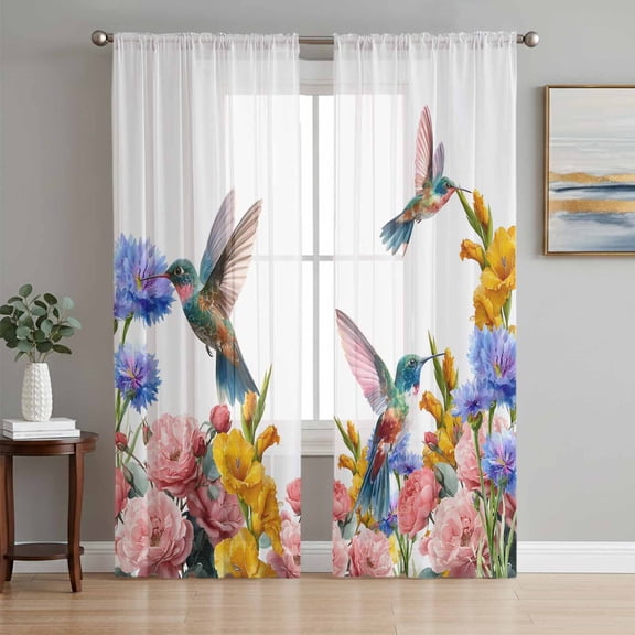Sheer Curtains 72 Inches Long 2 Panels Set for Bedroom, Hummingbirds Semi Sheer Curtains for Windows, Spring Summer Watercolor Flowers Plant Voile Window Treatments Rod Pocket Curtain