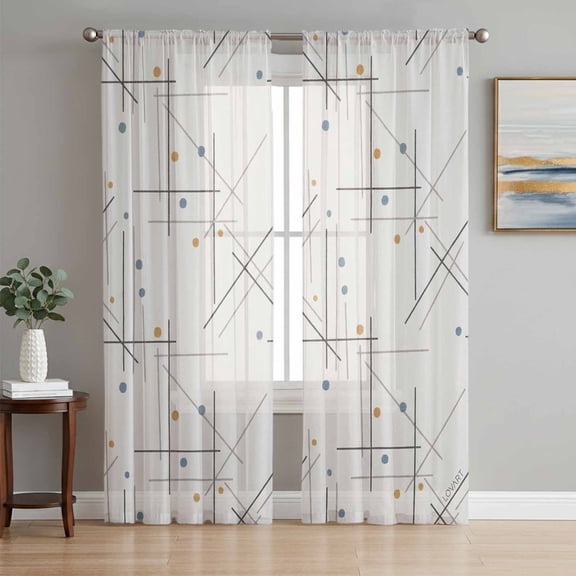 Sheer Curtains 72 Inches Long 2 Panels Set for Bedroom, Modern Geometric Semi Sheer Curtains for Windows, Minimalist Lines Polka Dots Abstract Beige Voile Window Treatments Rod Pocket Curtain