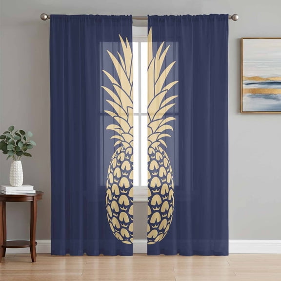 Sheer Curtains 72 Inches Long 2 Panels Set for Bedroom, Pineapple Semi Sheer Curtains for Windows, Gold Yellow Navy Blue Tropical Fruit Summer Voile Window Treatments Rod Pocket Curtain