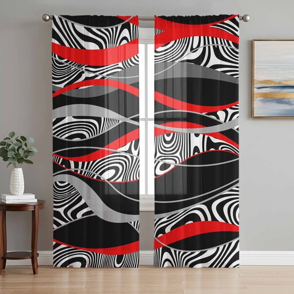 Sheer Curtains 72 Inches Long 2 Panels Set for Bedroom, Red Black Stripes Semi Sheer Curtains for Windows, Modern Gradient Abstract Lines Art Voile Window Treatments Rod Pocket Curtain