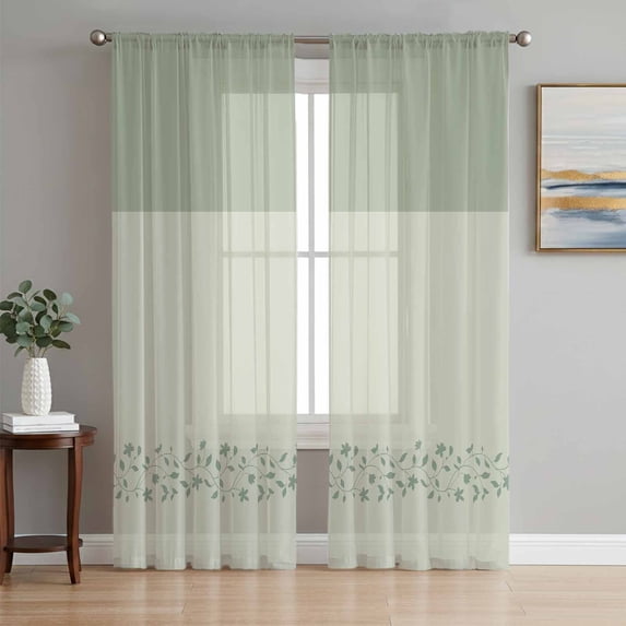 Sheer Curtains 72 Inches Long 2 Panels Set for Bedroom, Sage Green Botanical Semi Sheer Curtains for Windows, Spring Floral Leaf Voile Window Treatments Rod Pocket Curtain