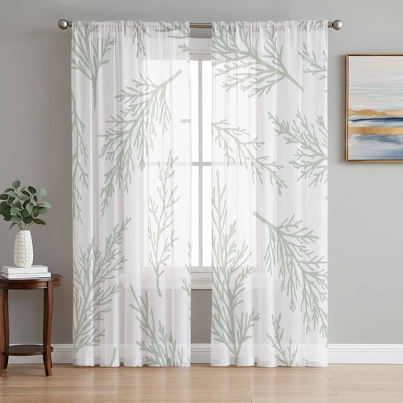 Sheer Curtains 72 Inches Long 2 Panels Set for Bedroom, Spring Green Tree Branches Semi Sheer Curtains for Windows, Farmhouse Nature Botanical Voile Window Treatments Rod Pocket Curtain