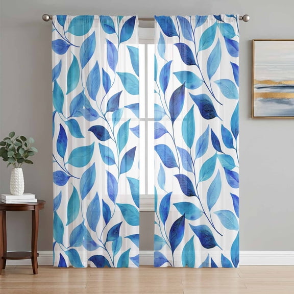 Sheer Curtains 72 Inches Long 2 Panels Set for Bedroom, Spring Leaves Semi Sheer Curtains for Windows, Blue Plants Country Botanical Leaf Voile Window Treatments Rod Pocket Curtain