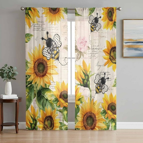 Sheer Curtains 72 Inches Long 2 Panels Set for Bedroom, Sunflower Bee Semi Sheer Curtains for Windows, Yellow Botanical Vintage Rose Floral Spring Voile Window Treatments Rod Pocket Curtain