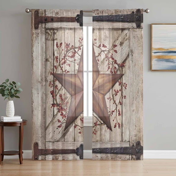 Sheer Curtains 72 Inches Long 2 Panels Set for Bedroom, Texas Star Retro Semi Sheer Curtains for Windows, Brown Beige Wooden Berry Vintage Voile Window Treatments Rod Pocket Curtain