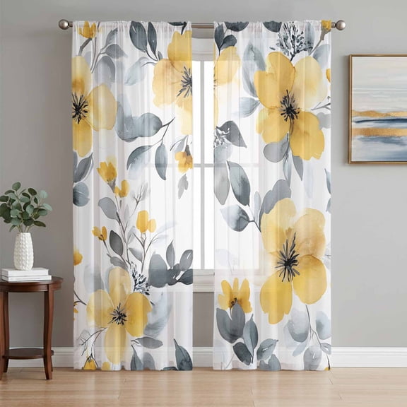 Sheer Curtains 72 Inches Long 2 Panels Set for Bedroom, Yellow Floral Spring Semi Sheer Curtains for Windows, Summer Botanical Gray Elegant Voile Window Treatments Rod Pocket Curtain