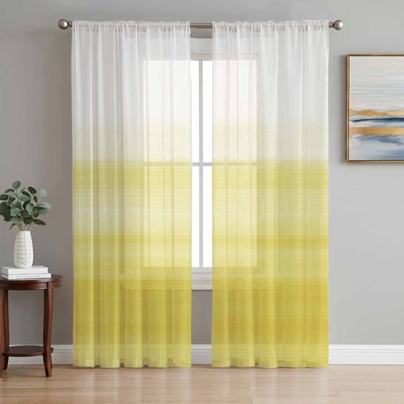 Sheer Curtains 72 Inches Long 2 Panels Set for Bedroom, Yellow White Ombre Semi Sheer Curtains for Windows, Farmhouse Funny Gradient Striped Voile Window Treatments Rod Pocket Curtain