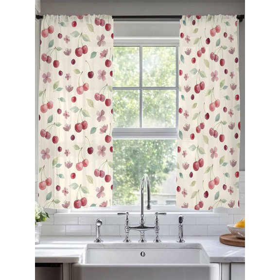 Sheer Curtains 72 Inches Long 2 Panels, Summer Cherry Harvest Flower Rod Pocket Curtain Voile Draperies, Watercolor Fruit on Light Yellow Light Filtering Window Treatment for Living Room Kitchen