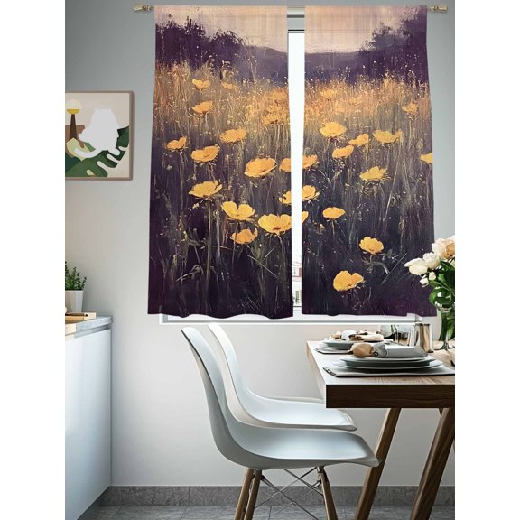 Sheer Curtains 72 Inches Long 2 Panels, Summer Meadow Yellow Wildflower Rod Pocket Curtain Voile Draperies, Watercolor Oil Painting Light Filtering Window Treatment for Living Room Kitchen Bedroom