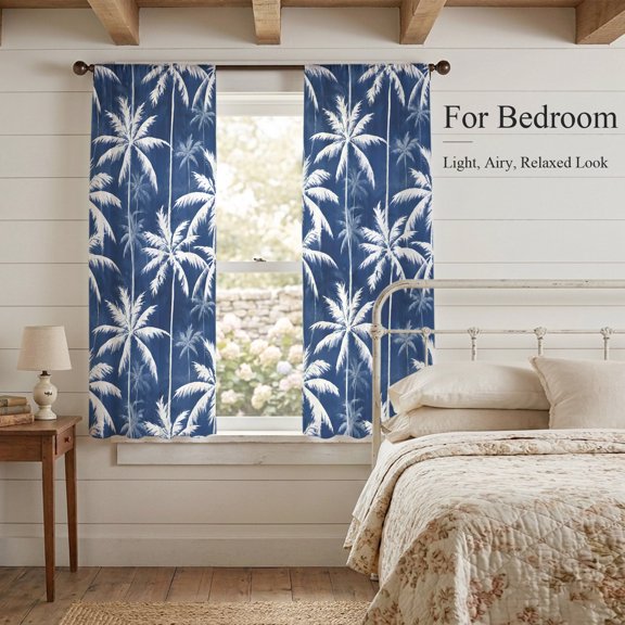 Sheer Curtains 72 Inches Long 2 Panels, Summer Tropical Palm Trees Rod Pocket Curtain Voile Draperies, Indigo Blue Background Light Filtering Window Treatment for Living Room Kitchen Bedroom