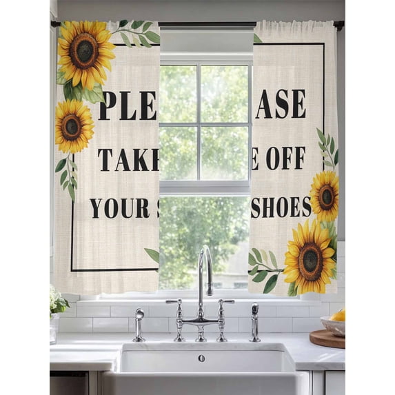 Sheer Curtains 72 Inches Long 2 Panels, Take off Shoes Sunflower Rod Pocket Curtain Voile Draperies, Retro Flower on Linen Light Filtering Window Treatment for Living Room Kitchen Bedroom