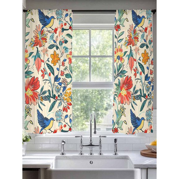 Sheer Curtains 72 Inches Long 2 Panels, Watercolor Flower Blue Bird on Retro Rod Pocket Curtain Voile Draperies, Boho Floral Leaves Light Filtering Window Treatment for Living Room Kitchen Bedroom