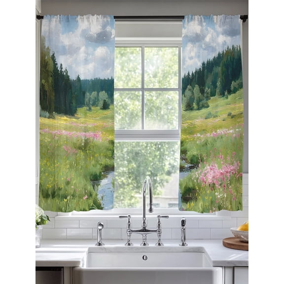 Sheer Curtains 72 Inches Long 2 Panels, Watercolor Flowers Leaves Forest Meadow Rod Pocket Curtain Voile Draperies, Oil Paint Texture Light Filtering Window Treatment for Living Room Kitchen Bedroom