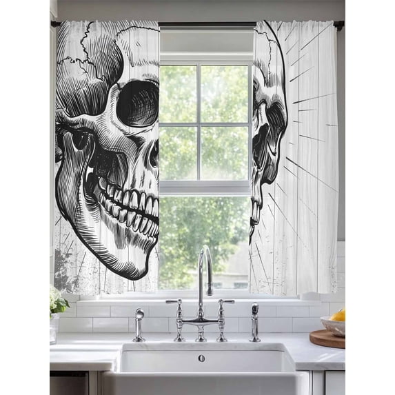 Sheer Curtains 72 Inches Long 2 Panels, Watercolor Skull Line Pattern Rod Pocket Curtain Voile Draperies, Abstract Skeleton on White Wood Light Filtering Window Treatment for Living Room