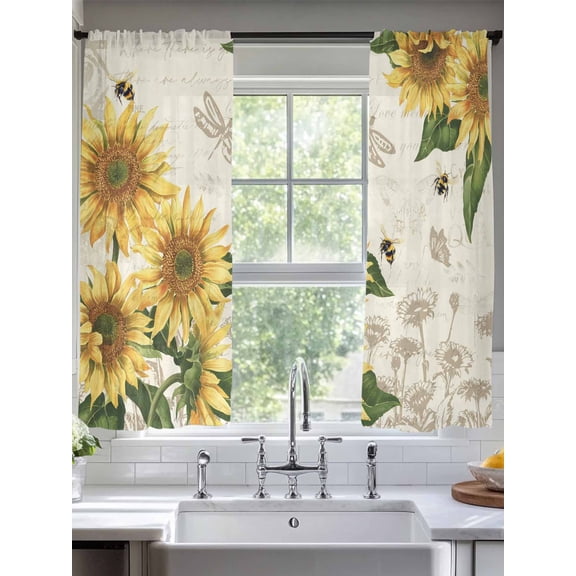 Sheer Curtains 72 Inches Long 2 Panels, Watercolor Sunflower Bee Dragonfly Rod Pocket Curtain Voile Draperies, Country Floral Retro Letter Light Filtering Window Treatment for Living Room Kitchen