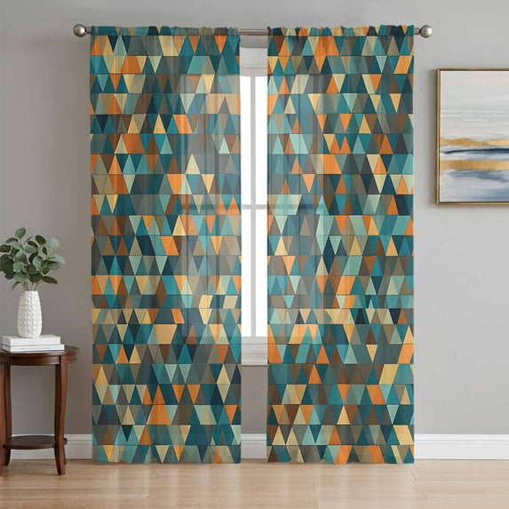Sheer Curtains 72 Inches Long, Abstract Art Light Filtering Window Curtains for Living Room/Bedroom, Geometric Modern Art Orange Teal Rod Pocket Voile Sheer Curtain Drapes, 52"W x 72"L, 2 Panels